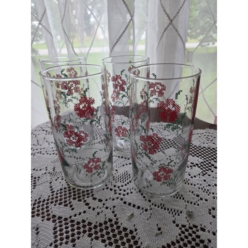 Vintage 1988 Anchor Hocking Cross Stitch Floral Glass Tumblers Set of 4 Red